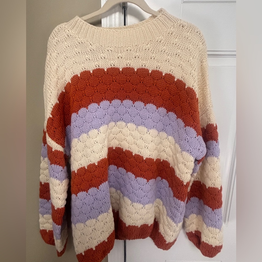 ZAFUL Amazon Striped Cream, Orange, and Purple Knit Ski Afghan Women's Sweater